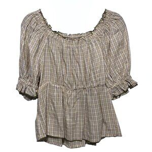 Old Navy Beige Lavender Plaid Off-Shoulder Smocked Peasant Top S